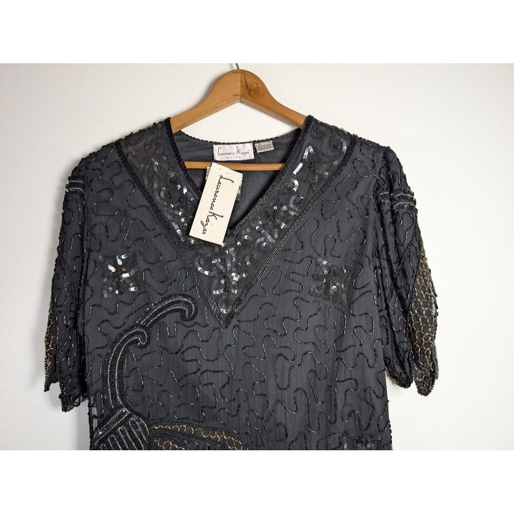 Vintage Laurence Kazar Blouse Large Sequin Beaded Silk Witchy Party Evening NEW - Picture 3 of 11
